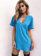 Oasap V Neck Loose Solid Color Short Sleeve Dress