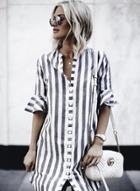Oasap Loose Short Sleeve Striped Printed Shirt Dress