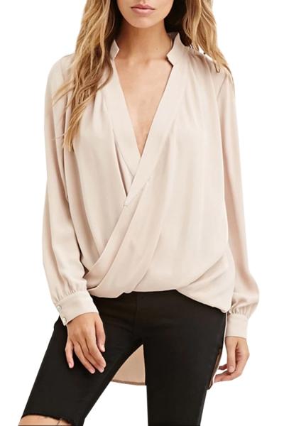 Oasap Women's Fashion Solid Deep V Neck Wrap Front High Low Shirt