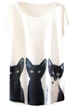 Oasap Round Neck Cat Pattern Cap Sleeve Loose Fit Tee