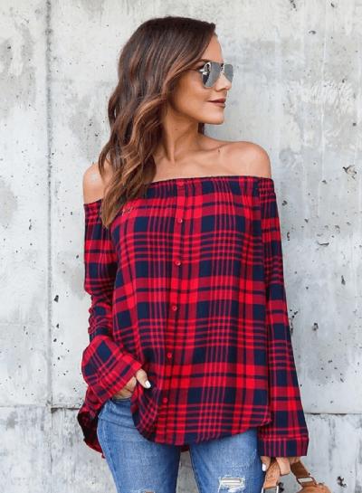 Oasap Off Shoulder Long Sleeve Button Down Plaid Shirt