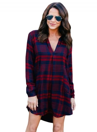 Oasap V Neck Long Sleeve Plaid Dress With Pockets