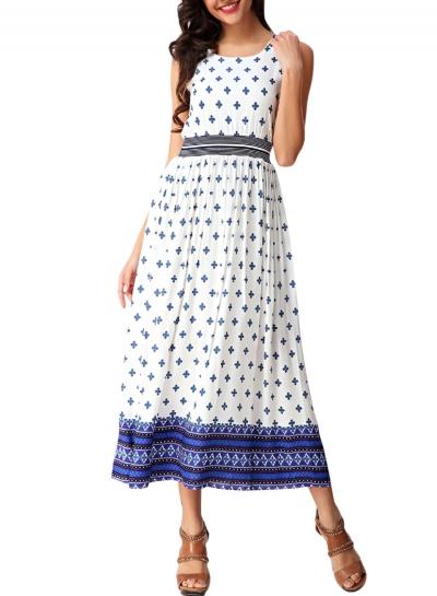 Oasap Women's Round Neck Sleeveless Floral Print Bohemian Long Dress