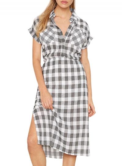 Oasap Women's Casual Short Sleeve Plaid Pattern Side Slit Midi Dress