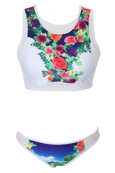 Oasap Neon Print Mesh Panel Bikini