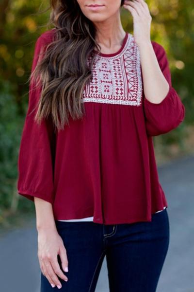Oasap Stylish Printed Lace Paneled Blouse