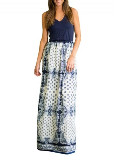 Oasap Women's Casual V-neck Sleeveless Print Maxi Beach Dress