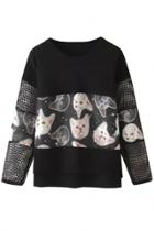Oasap Lovable Kitten Print Mesh Paneled Sweatshirt
