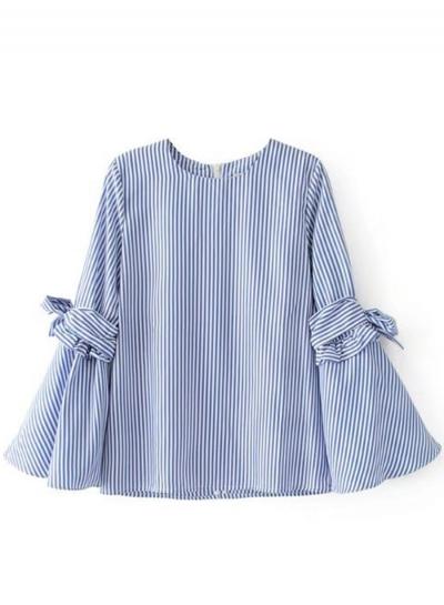 Oasap Fashion Stripe Flare Sleeve Bow Pullover Blouse
