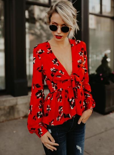 Oasap Deep V Neck Long Sleeve Floral Printed Peplum Blouse
