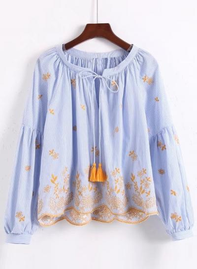 Oasap Embroidered Long Sleeve Tassel Tie Striped Blouse