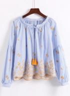 Oasap Embroidered Long Sleeve Tassel Tie Striped Blouse