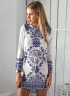 Oasap Long Sleeve Blue And White Porcelain Dress With Belt