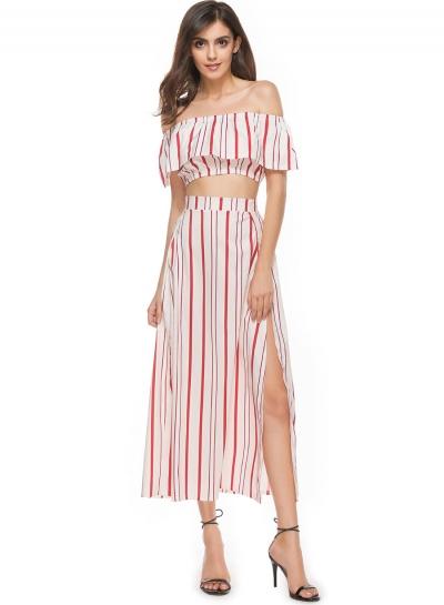 Oasap Off Shoulder Ruffles Vertical Striped Crop Top High Split Skirt Set
