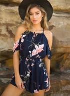 Oasap Casual Spaghetti Strap Off Shoulder Short Sleeve Floral Romper