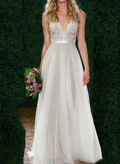 Oasap Deep V Neck Sleeveless Backless Lace Bridesmaid Dress