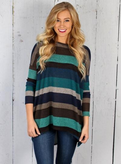 Oasap Round Neck Long Sleeve Color Block Striped Knit Tee Shirt