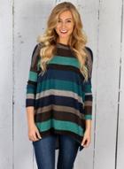 Oasap Round Neck Long Sleeve Color Block Striped Knit Tee Shirt