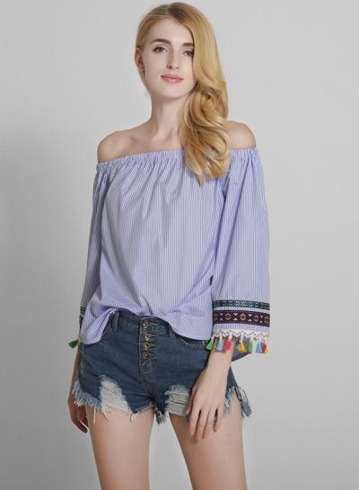 Oasap Slash Neck Off Shoulder Striped Blouse With Tassel