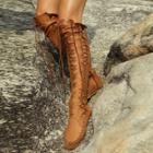 Oasap Solid Color Round Toe Lace Up Knee-high Boots