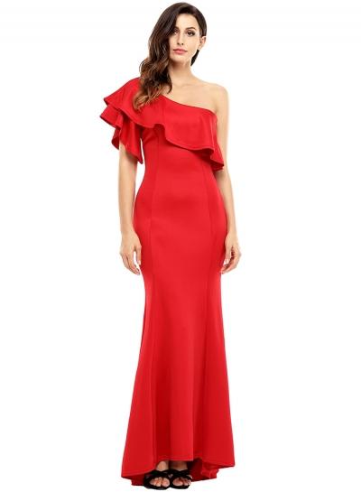 Oasap One Shoulder Flounce Hem Solid Maxi Dresses