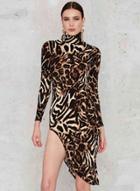 Oasap Women's Leopard Print Long Sleeve High Neck Asymmetric Dress