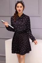 Oasap Sweet Print Long Sleeve Pleated Chiffon Tie Dress