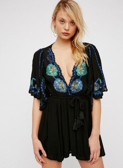 Oasap V Neck Embroidery Mini Dress With Belt
