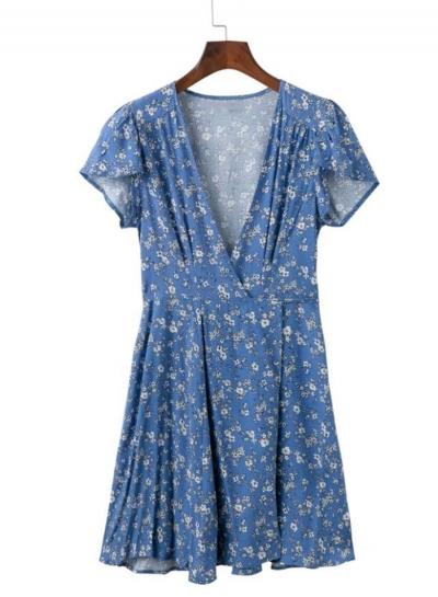 Oasap Floral Deep V Neck Short Sleeve Loose Dress