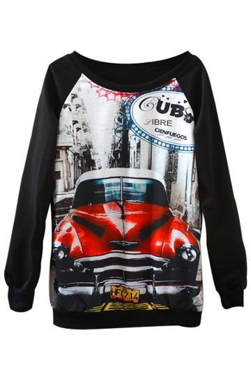 Oasap Cool Graphic Car Print Black Sweatshirt