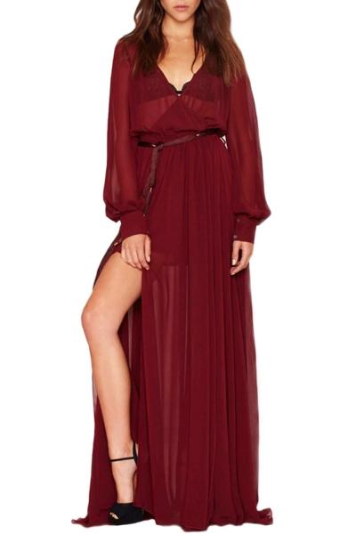 Oasap Women's V Neck Long Sleeve High Slit Sheer Maxi Dress