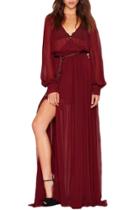 Oasap Women's V Neck Long Sleeve High Slit Sheer Maxi Dress