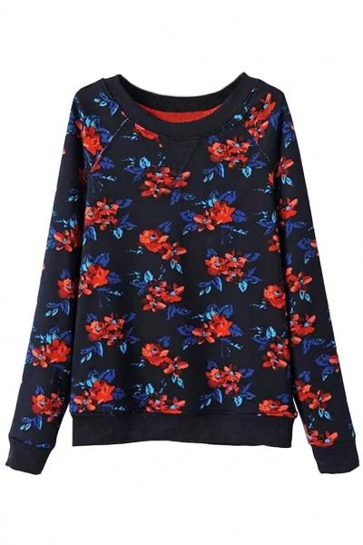 Oasap Floral Print Black Sweatshirt
