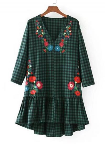 Oasap Elegant V Neck Floral Embroidery Flounce Hem Dress