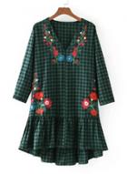 Oasap Elegant V Neck Floral Embroidery Flounce Hem Dress