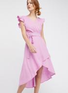 Oasap V Neck Ruffle Sleeve High Low Dress With Belt
