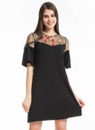 Oasap Floral Embroidery Flare Sleeve Mesh A-line Dress