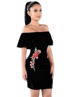 Oasap Off Shoulder Floral Embroidery Ruffle Bodycon Dress