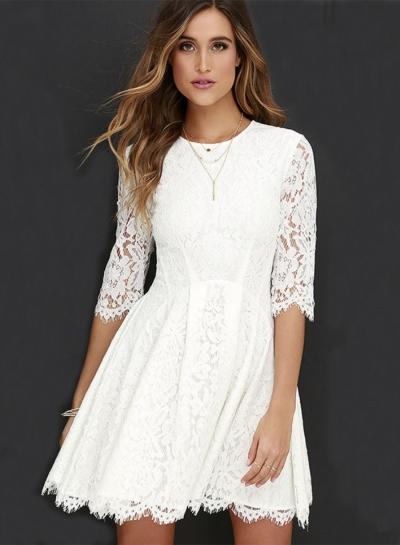 Oasap Fashion Half Sleeve Lace Pleated Dress