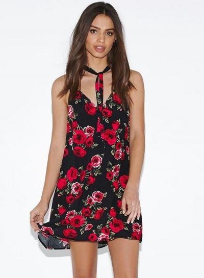 Oasap Sleeveless Halter Floral Print Backless Mini Dress