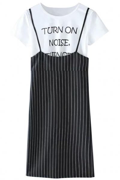 Oasap Minimalism White Tee Striped Dress Two Sets