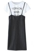 Oasap Minimalism White Tee Striped Dress Two Sets