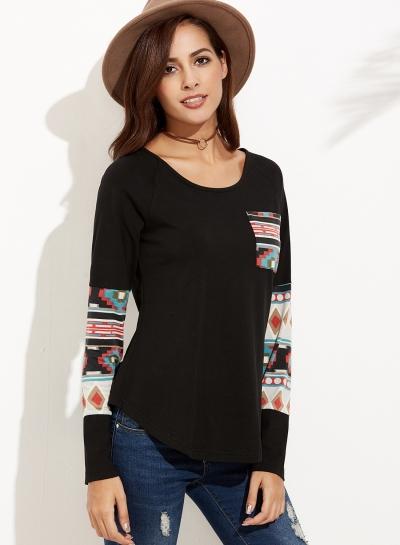 Oasap Round Neck Long Sleeve Color Splicing Tee Shirt