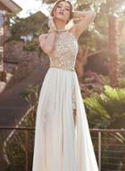 Oasap Sleeveless Backless Lace Chiffon Slit Prom Dress