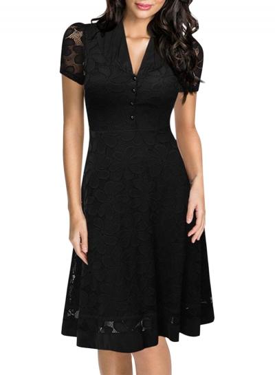 Oasap Women's Black Lace V Neck Short Sleeve Swing Dress