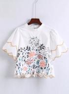 Oasap Round Neck Floral Embroidery Tops