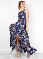 Oasap Halter Sleeveless Backless Split Floral Printed Maxi Bohemian Dress