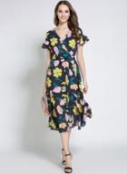 Oasap V Neck Short Ruffle Sleeve Floral A-line Dress