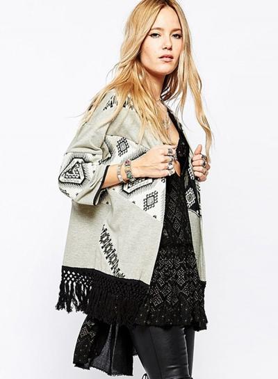 Oasap Women's Vintage Geometric Print Tasseled Cardigan