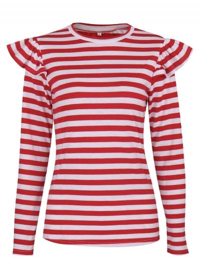 Oasap Round Neck Long Sleeve Flounce Panel Striped Tee Shirt